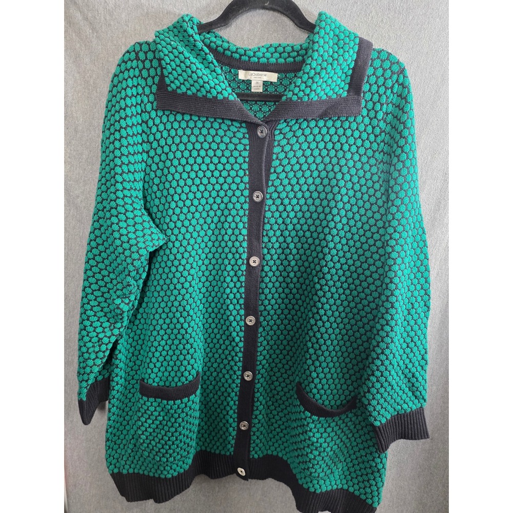 Liz Claiborne Cardigan Sweater PLus Size 2X XX Green Textured Knit Button Front